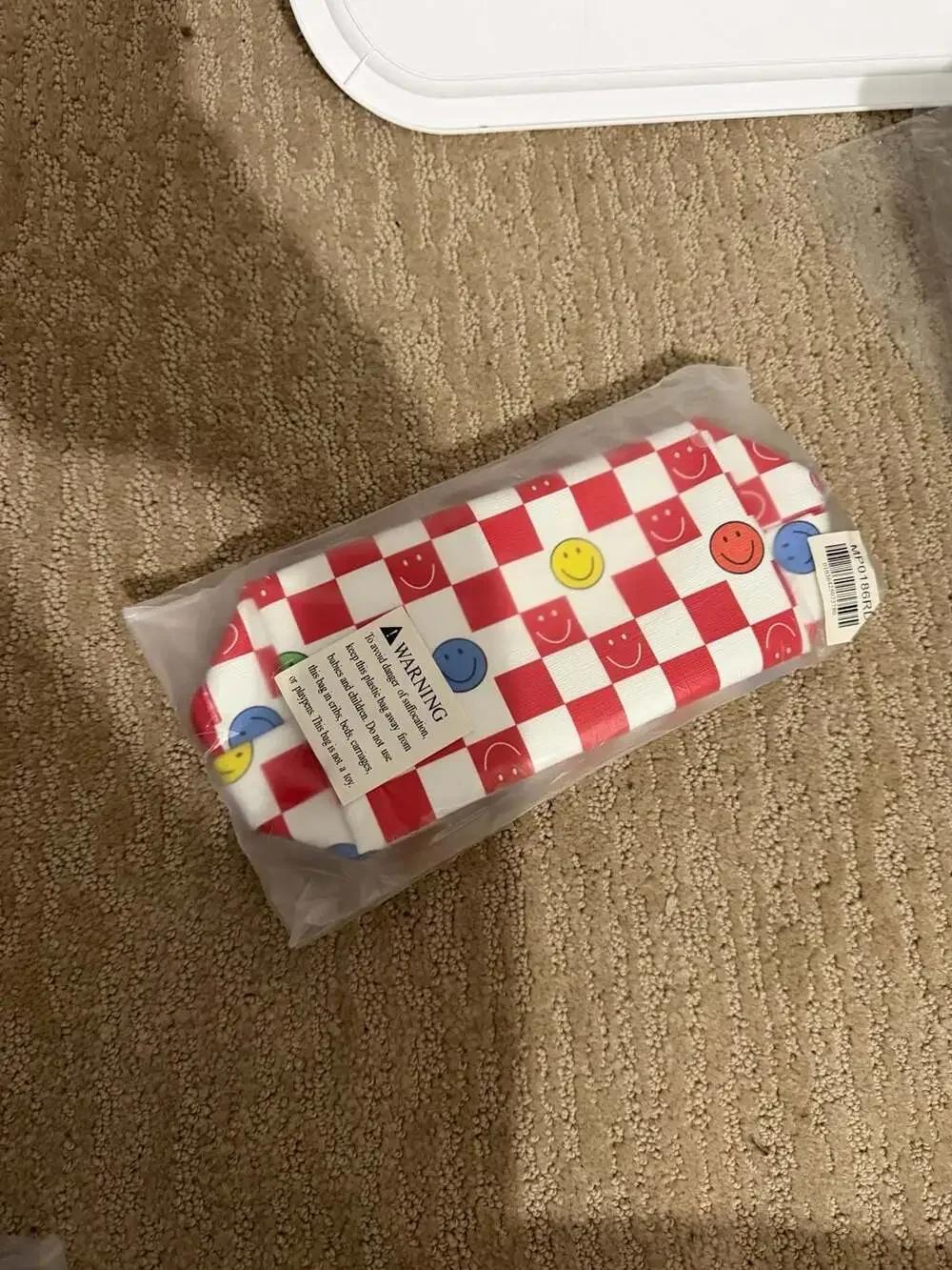 Red and White Checkered Smiley Face Cosmetic Pouch